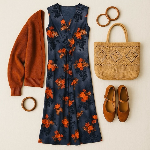 Vintage Dresses & Skirts - Vtg 60s 70s Sleeveless Maxi Dress Blue Orange Floral Boho Fall Wedding Guest | M